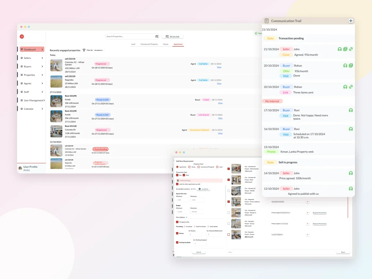 Real Estate Brokerage Platform: dashboard, communication trail and buyer matching
