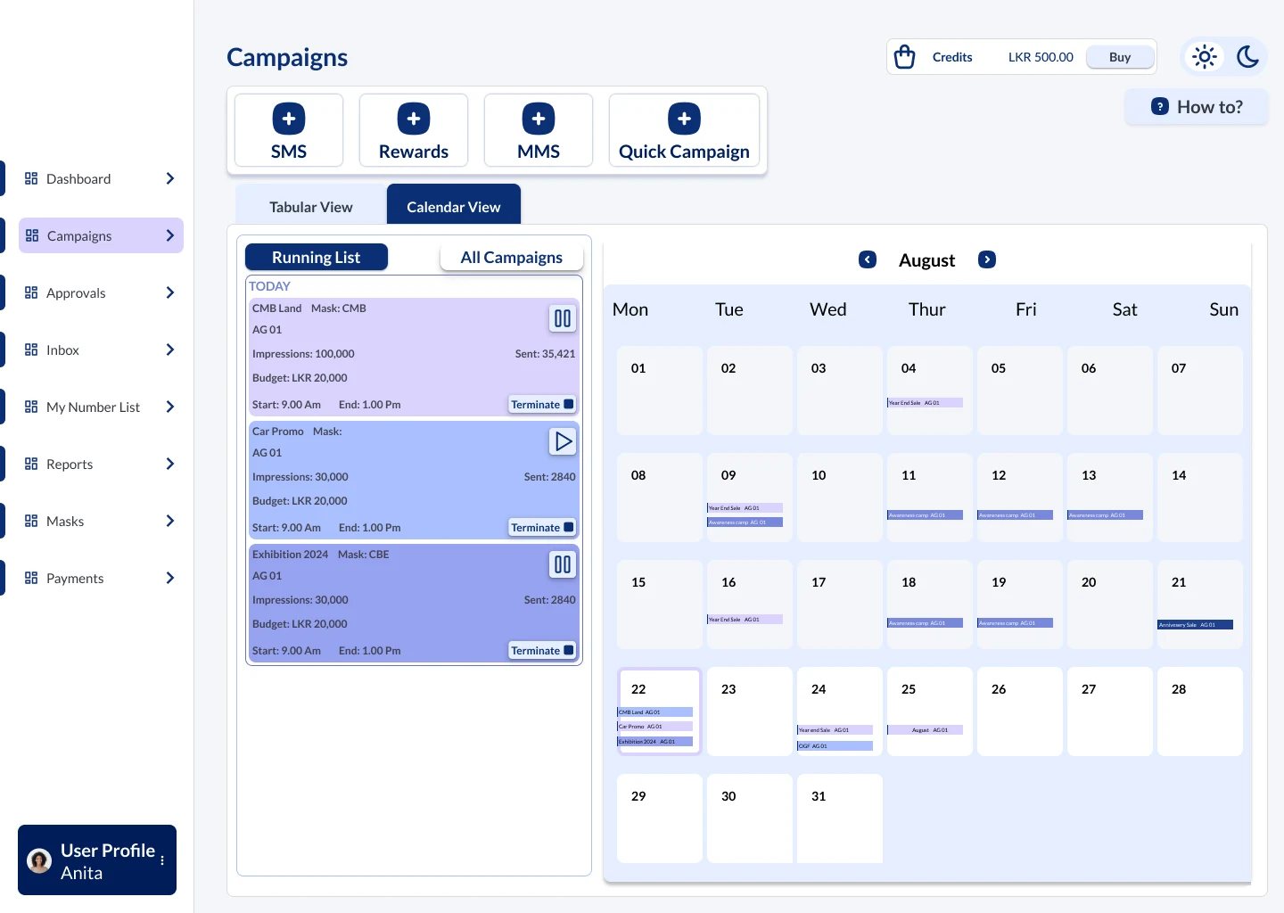 Campaigns in calendar view, with today's running campaigns on the left and scheduled ad groups across the month