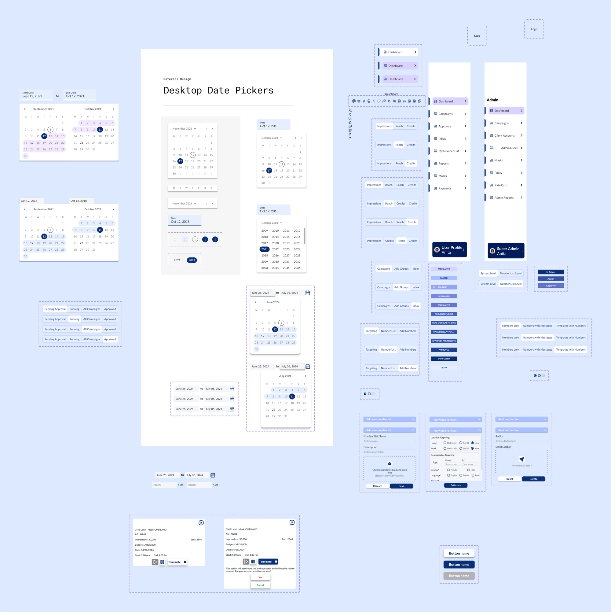 Component library page: date pickers, navigation for the user portal and admin console, tab sets, the full set of campaign status labels, targeting dropdowns and buttons