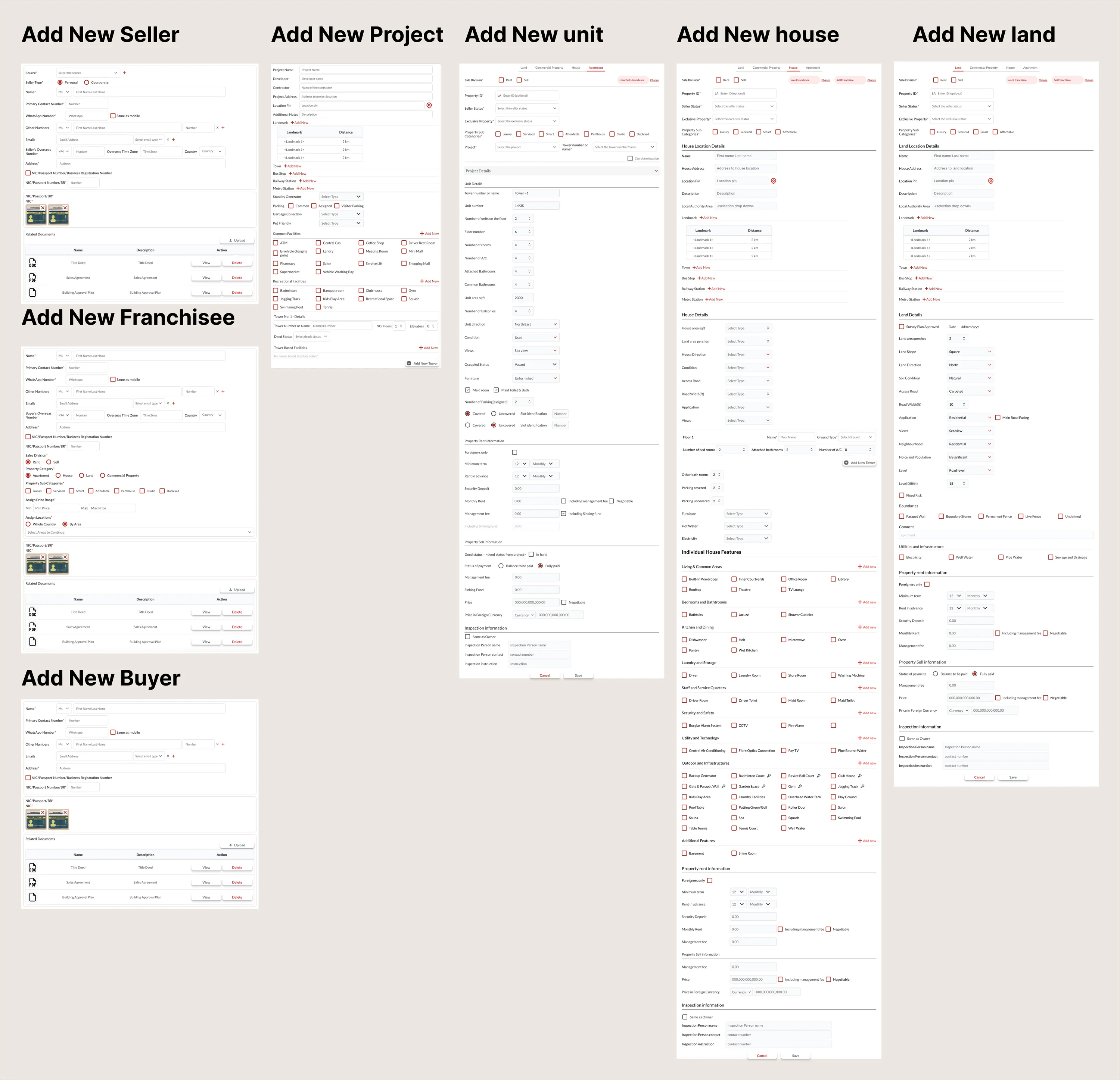 Overview of the single-page add forms for a seller, franchisee, buyer, project, apartment unit, house and land