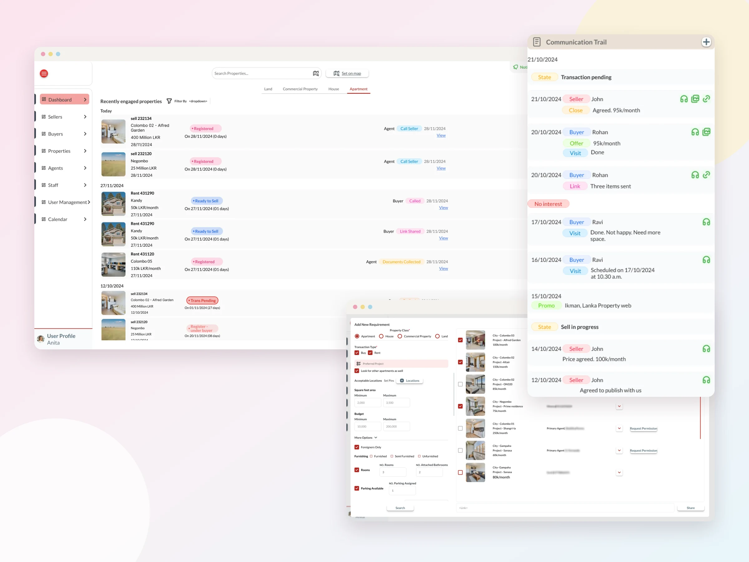The staff dashboard of recently engaged properties, a property's communication trail of colour-tagged seller and buyer activity, and the buyer-matching window