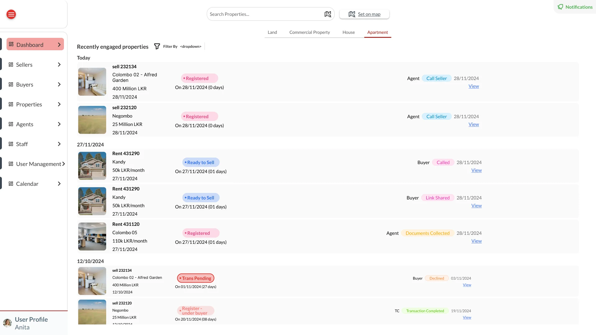 Dashboard of recently engaged properties grouped by date, each with its state, days in that state and latest activity
