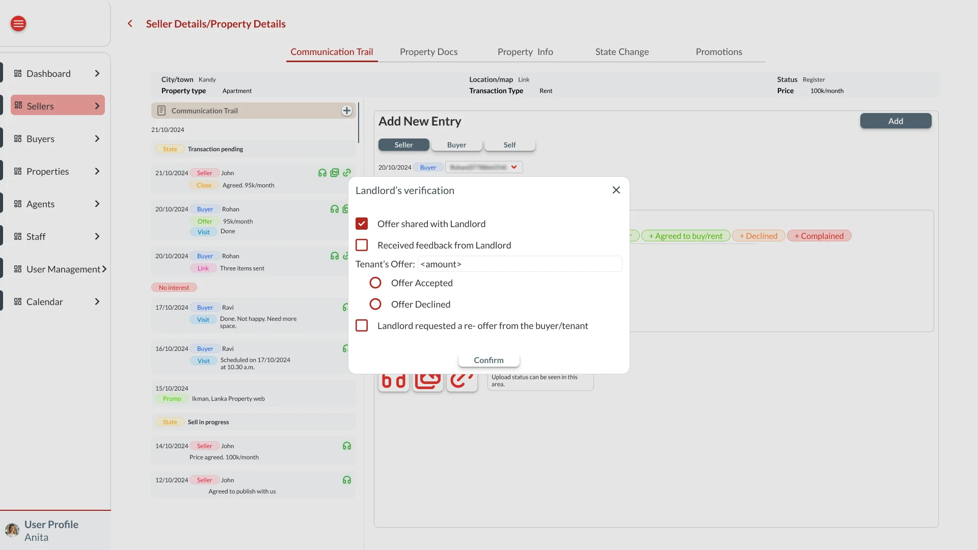 Landlord's verification: offer shared, feedback received, offer accepted or declined, or a re-offer requested