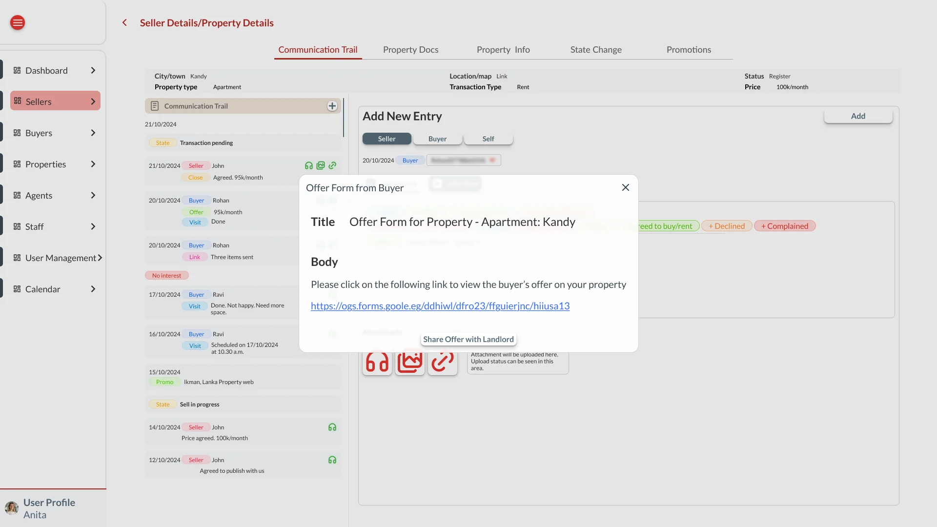 Offer form from the buyer with a title and a link, ready to share with the landlord
