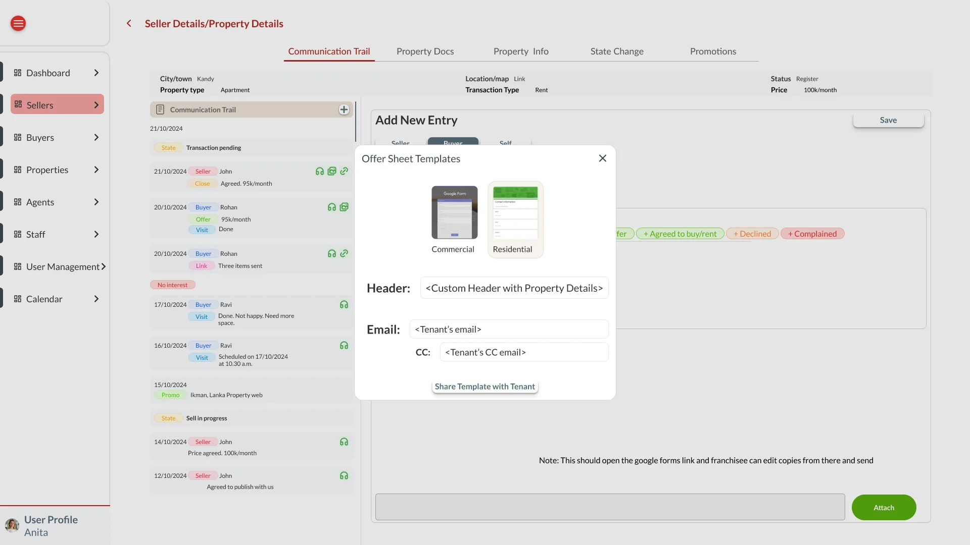 Offer sheet templates for commercial and residential properties, with header and email fields to share with the tenant