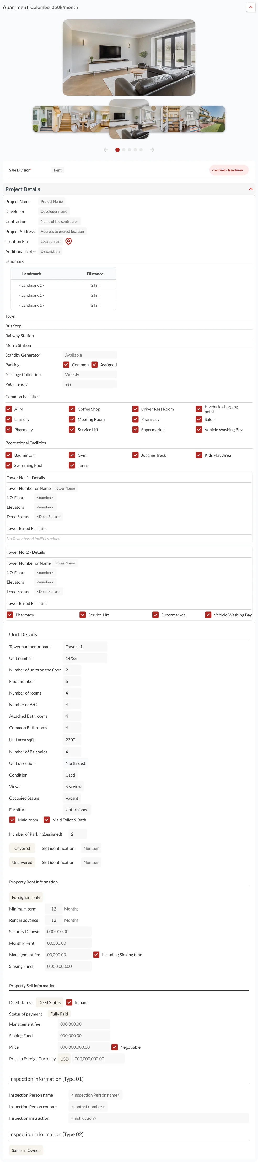 Full apartment detail page: gallery, project details, facilities, tower details and unit details
