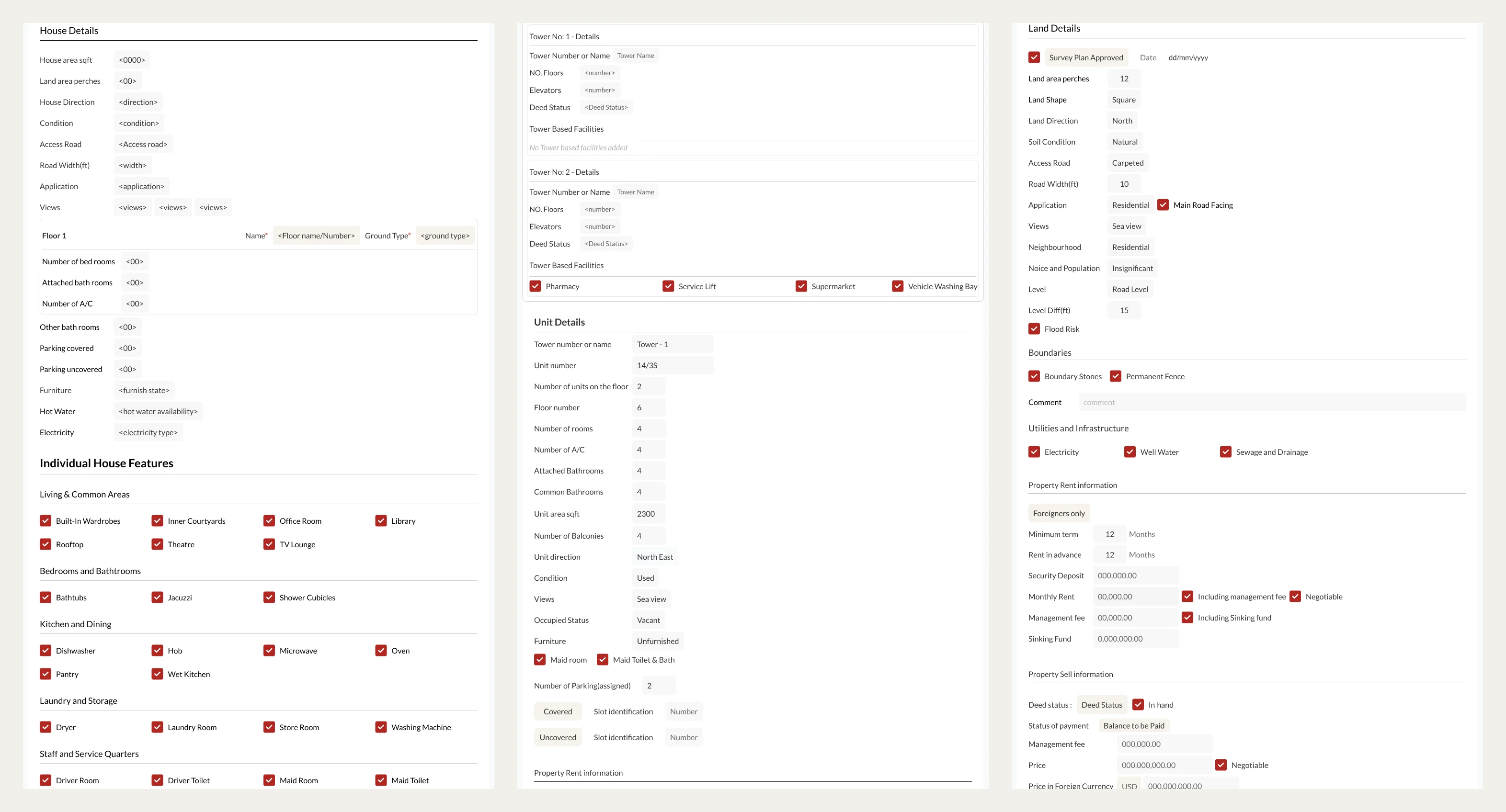 Three property detail layouts side by side: house details and features, apartment tower and unit details, and land details with boundaries and utilities