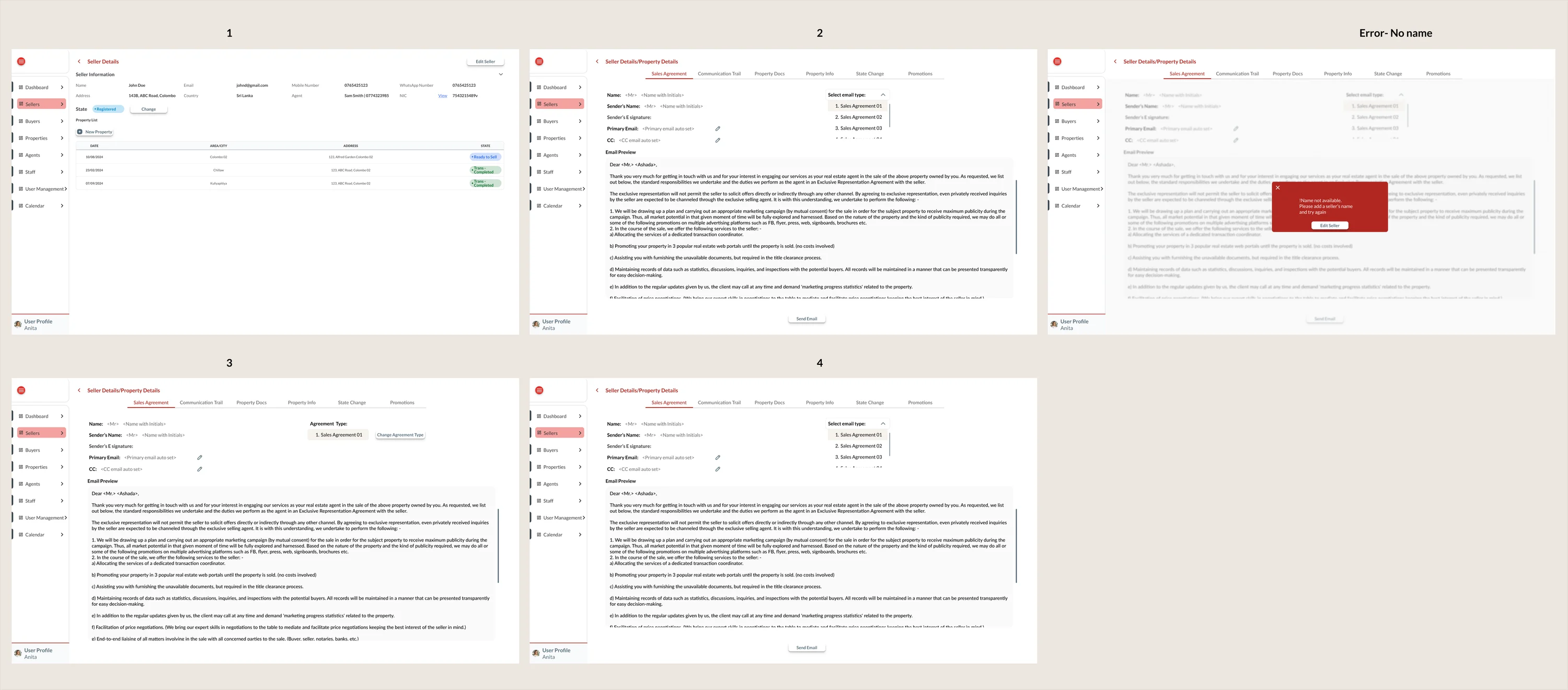 Sales agreement flow: seller details, agreement email preview with agreement type options, and an error when the seller has no name