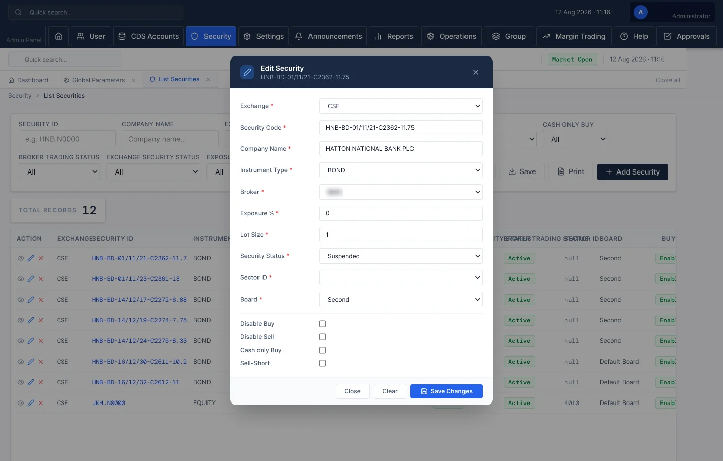 Admin panel edit security dialog with exchange, company, instrument type, lot size and trading flags