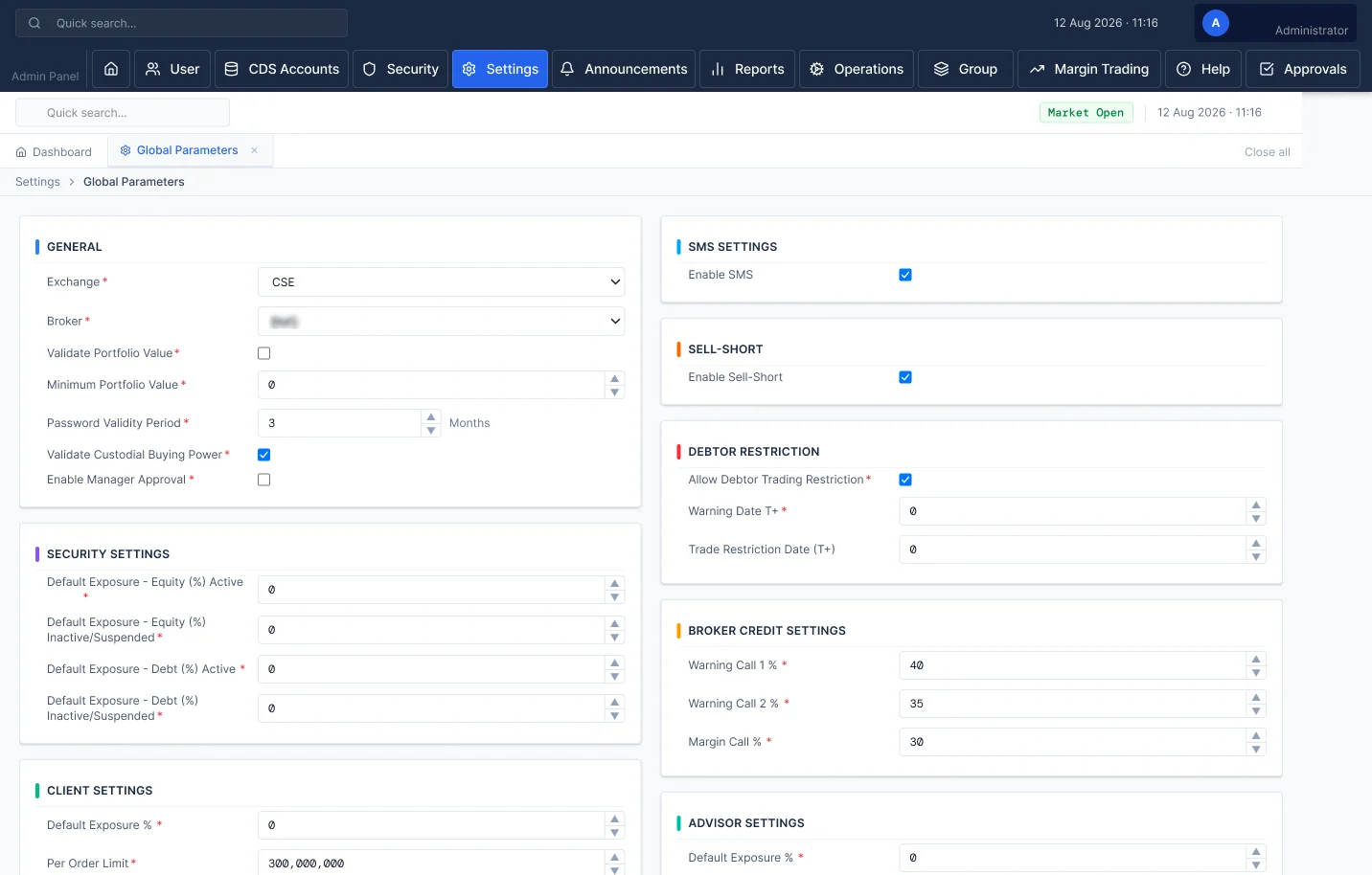 Admin panel global parameters for exchange, security, SMS, sell-short, debtor restriction and broker credit settings