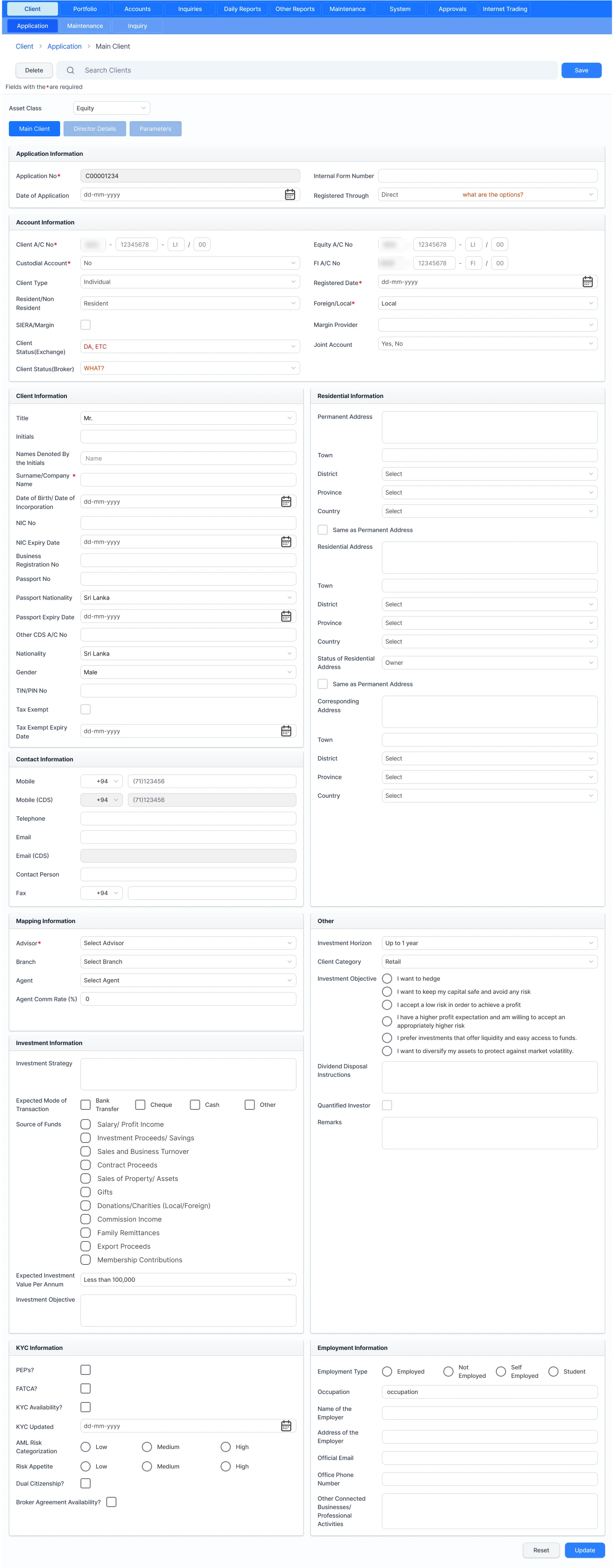 Full client application entry form