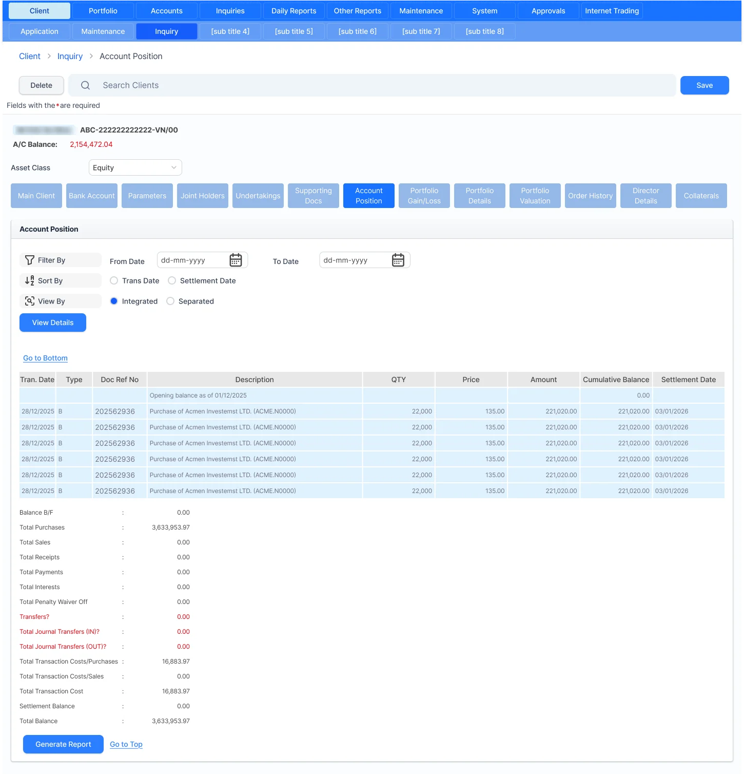 Client inquiry screen showing account position transactions and balances