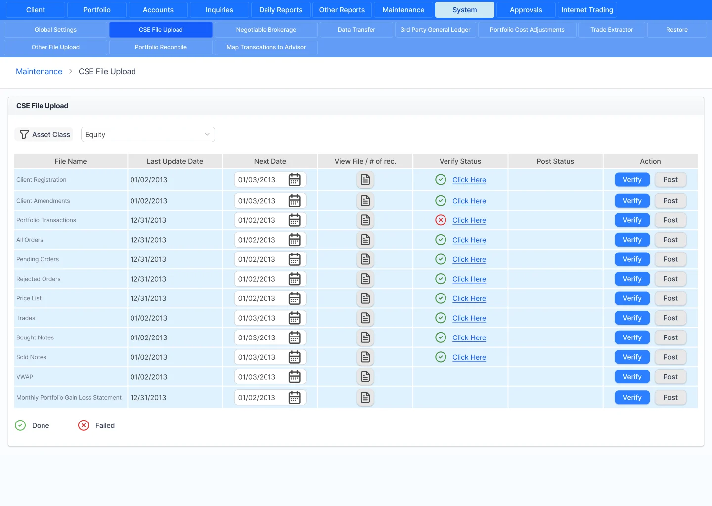CSE file upload screen with verification status for each file