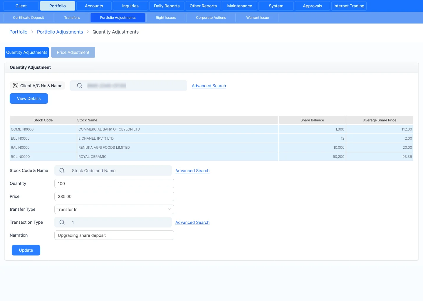 Portfolio quantity adjustment screen