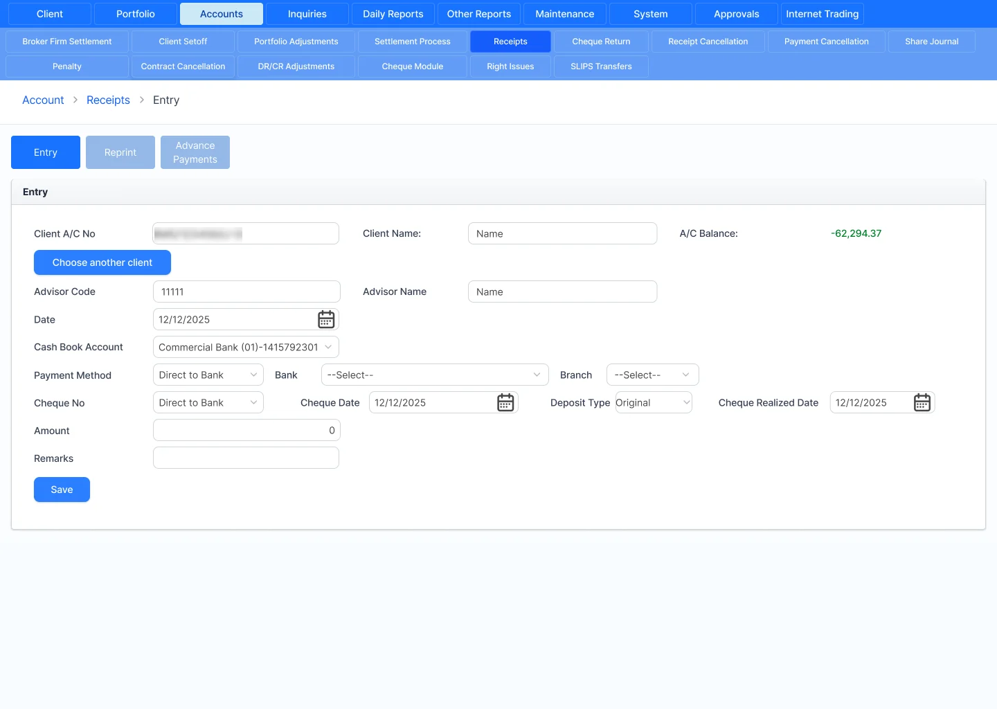 Back-office receipts entry form in the calm light theme