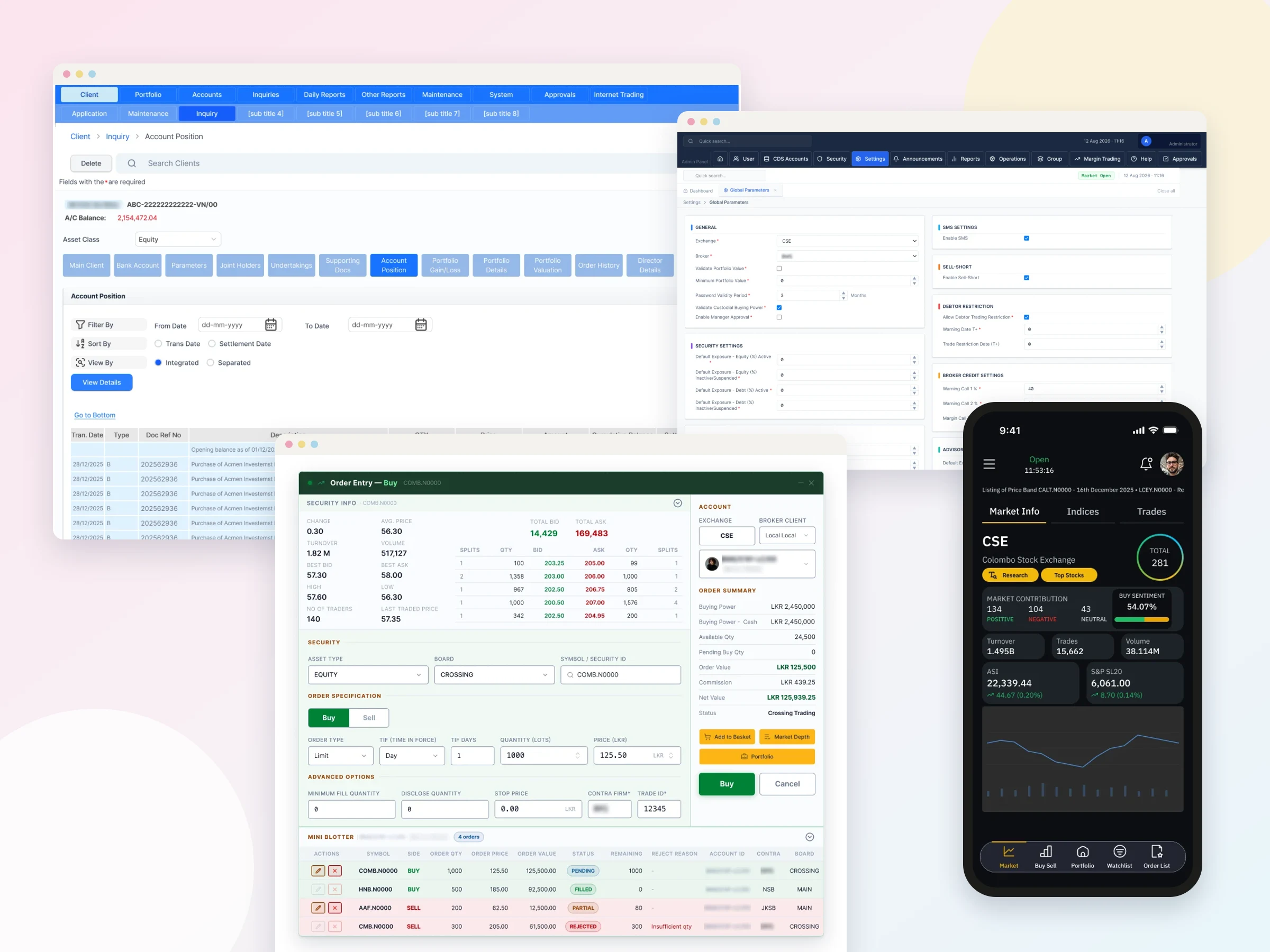 Four products together: the back-office account position inquiry, admin panel global parameters, the OMS buy order window and the mobile app's market overview