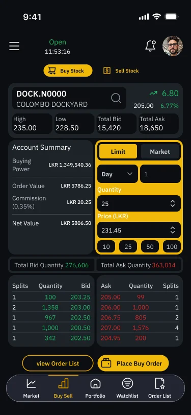 Buy order screen with account summary and market depth