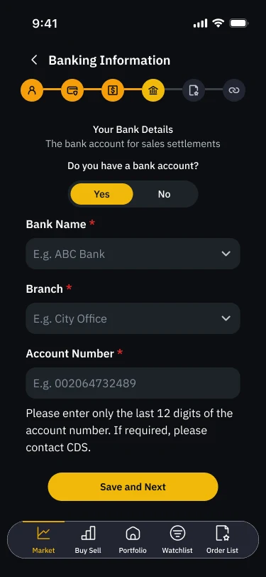 CDS account opening banking information step