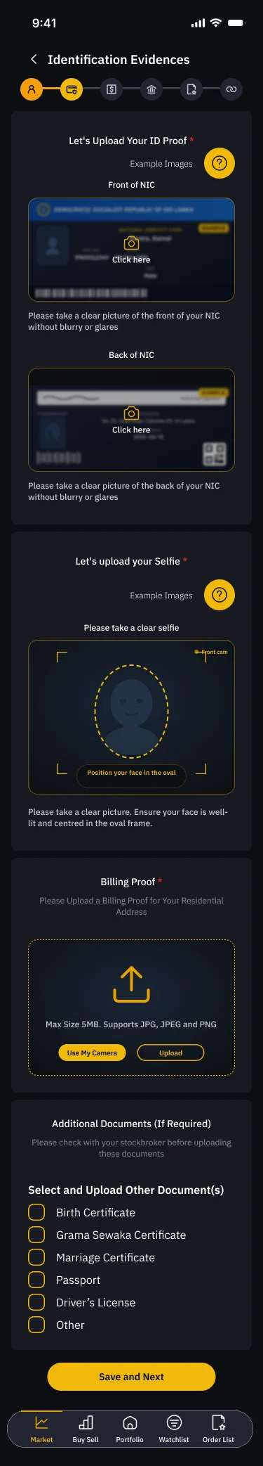 CDS account opening: uploading ID evidence, a selfie, and billing proof