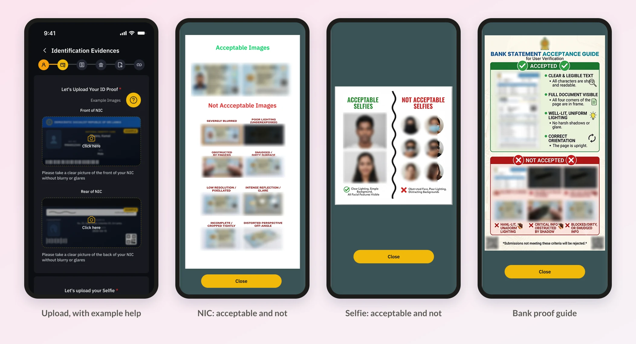 The document upload step with its Example Images help, and the guides it opens: acceptable and unacceptable NIC photos, selfies and bank proof (example images blurred)