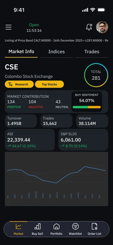 Market info screen with CSE overview, market contribution, and index chart