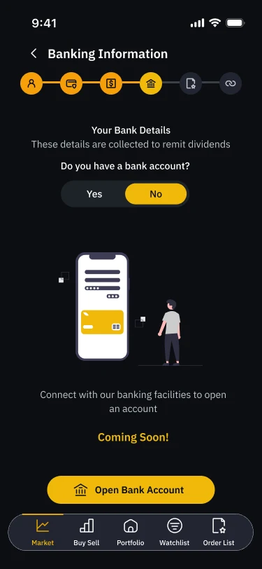 Open a bank account option marked coming soon