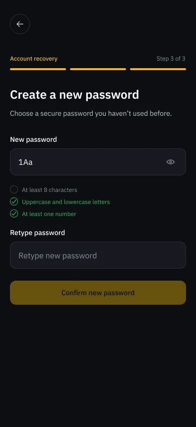 Create a new password screen with live password rules