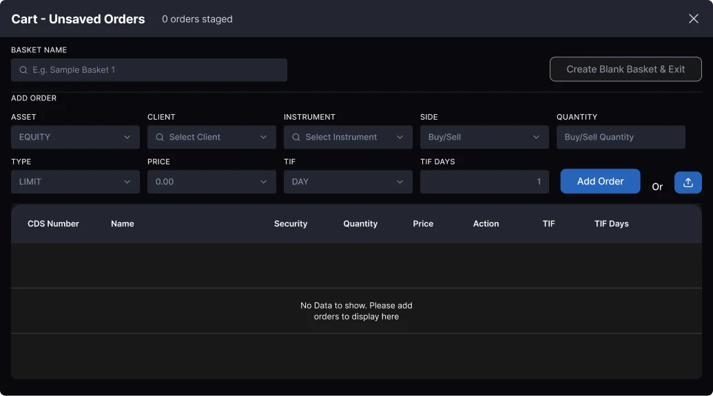 New order basket with no staged orders yet, showing the add order form