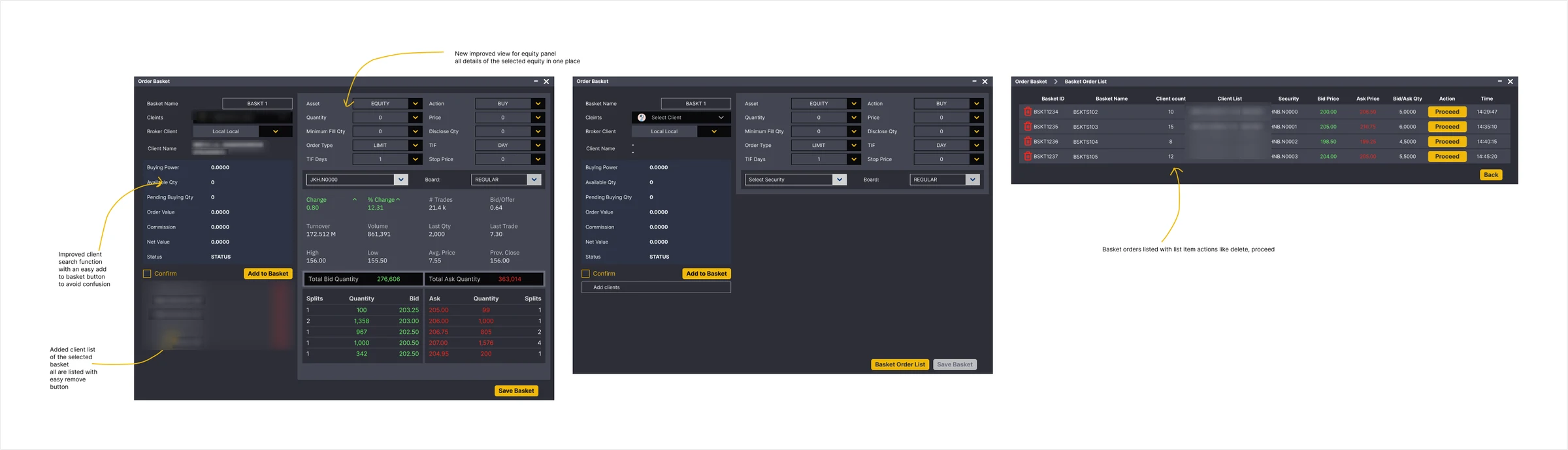 Earlier order basket design with annotations: a basket window and a basket order list