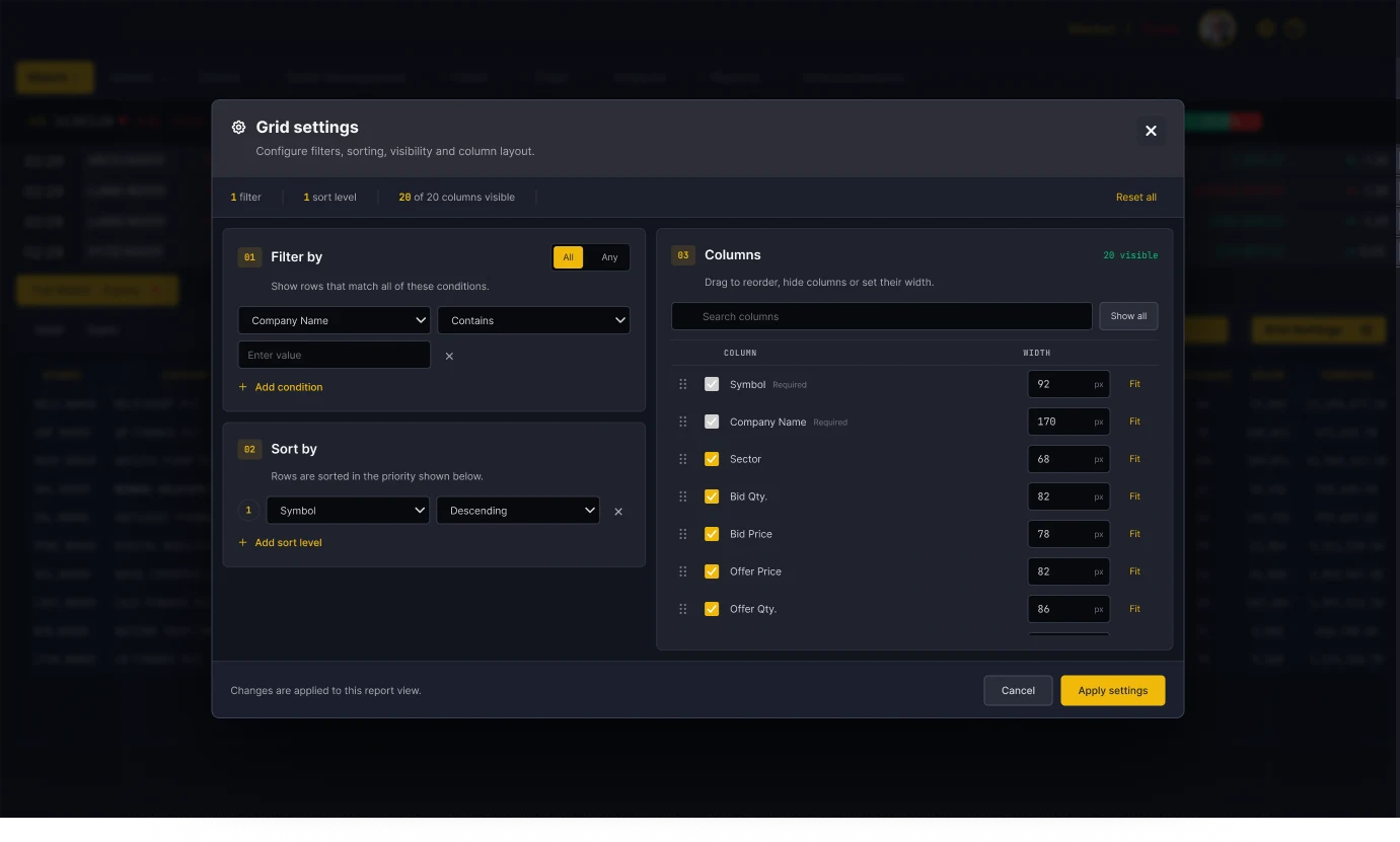 OMS grid settings dialog: filter conditions, sort levels, and a column list to reorder, hide or set widths, over the dimmed home screen