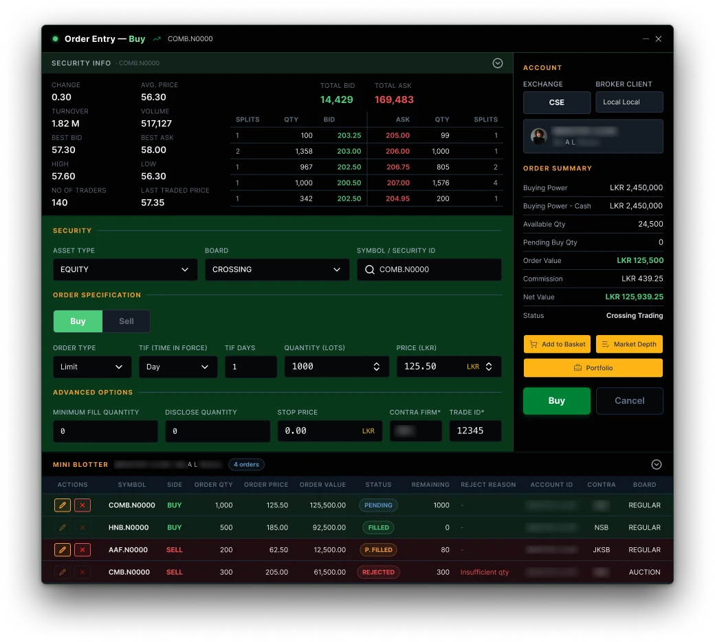 Buy order window in dark theme