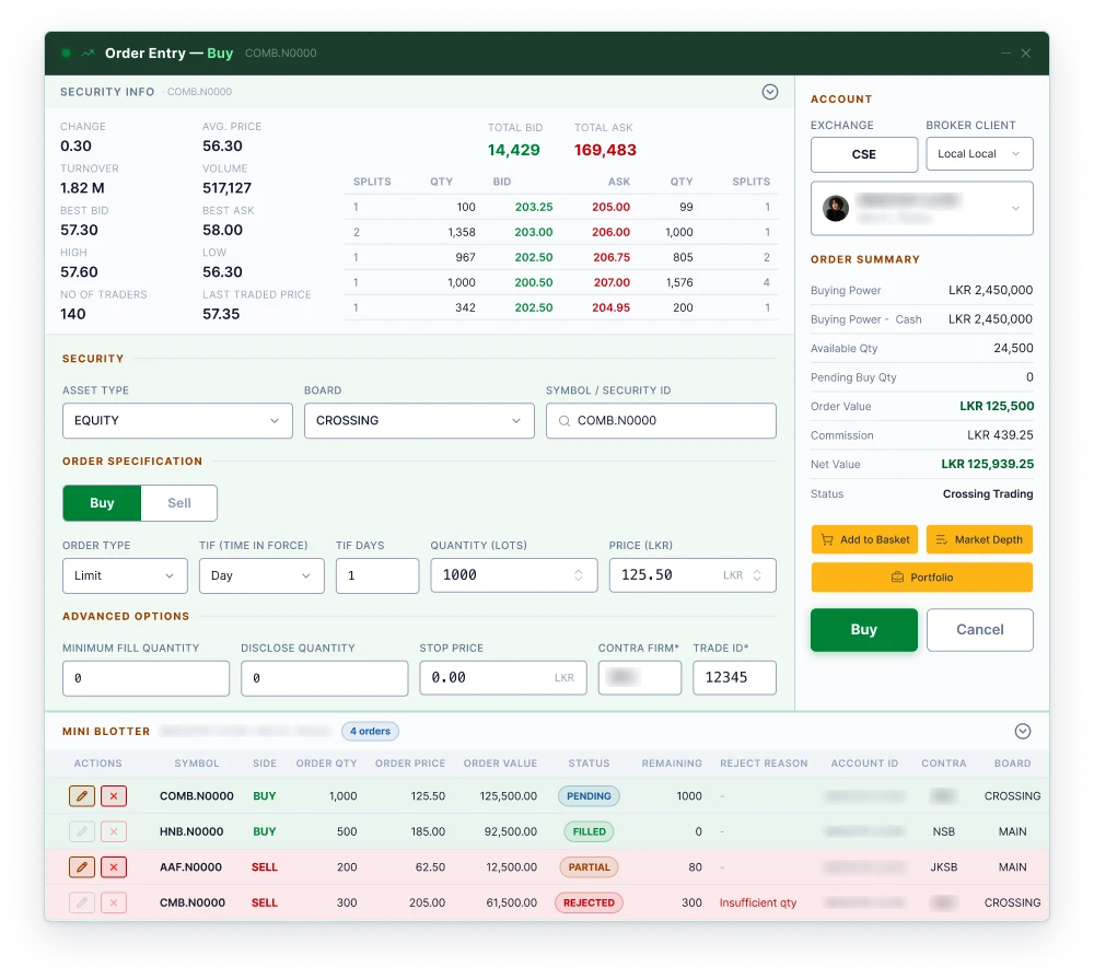 New OMS buy order window in light theme, neutral background with colour only in the order area