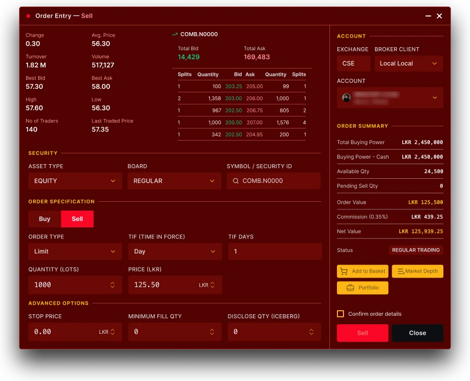 Earlier dark-theme sell window with the whole window filled in deep red