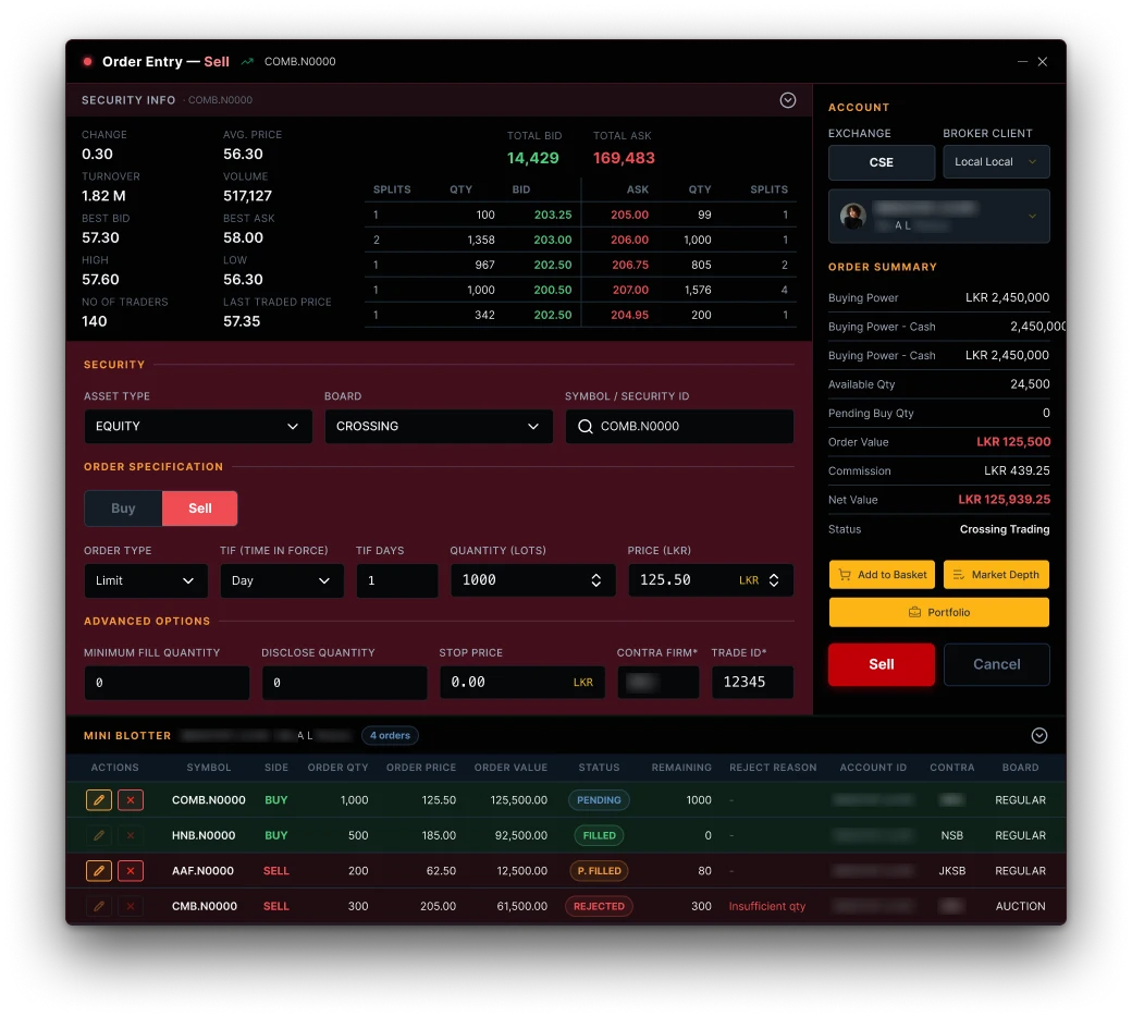 Current dark-theme sell window: black window with deep red only in the order area