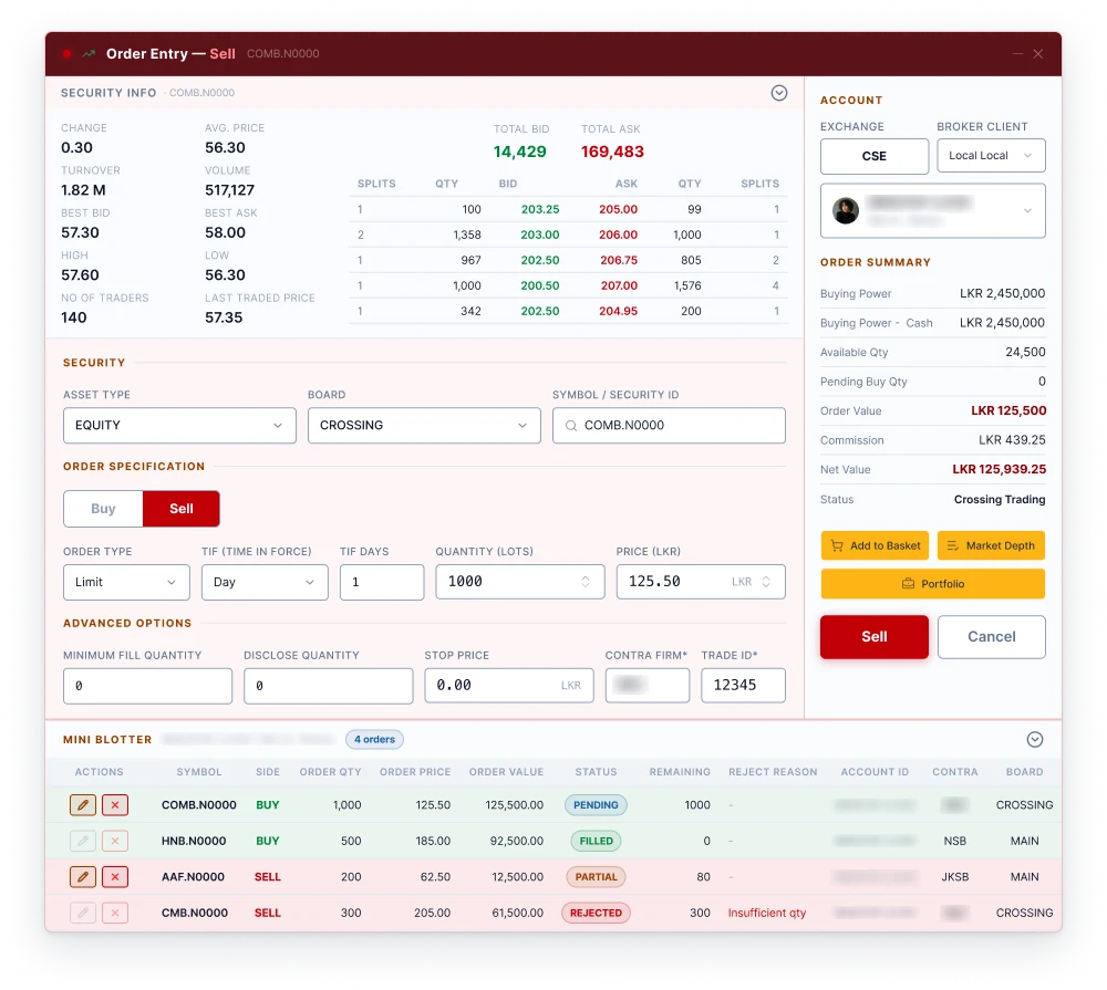 Light-theme OMS sell order window