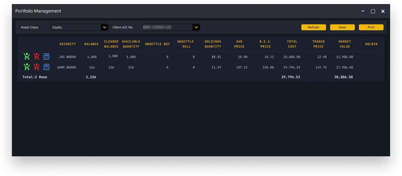 Portfolio management window listing holdings with balances, costs, and market value