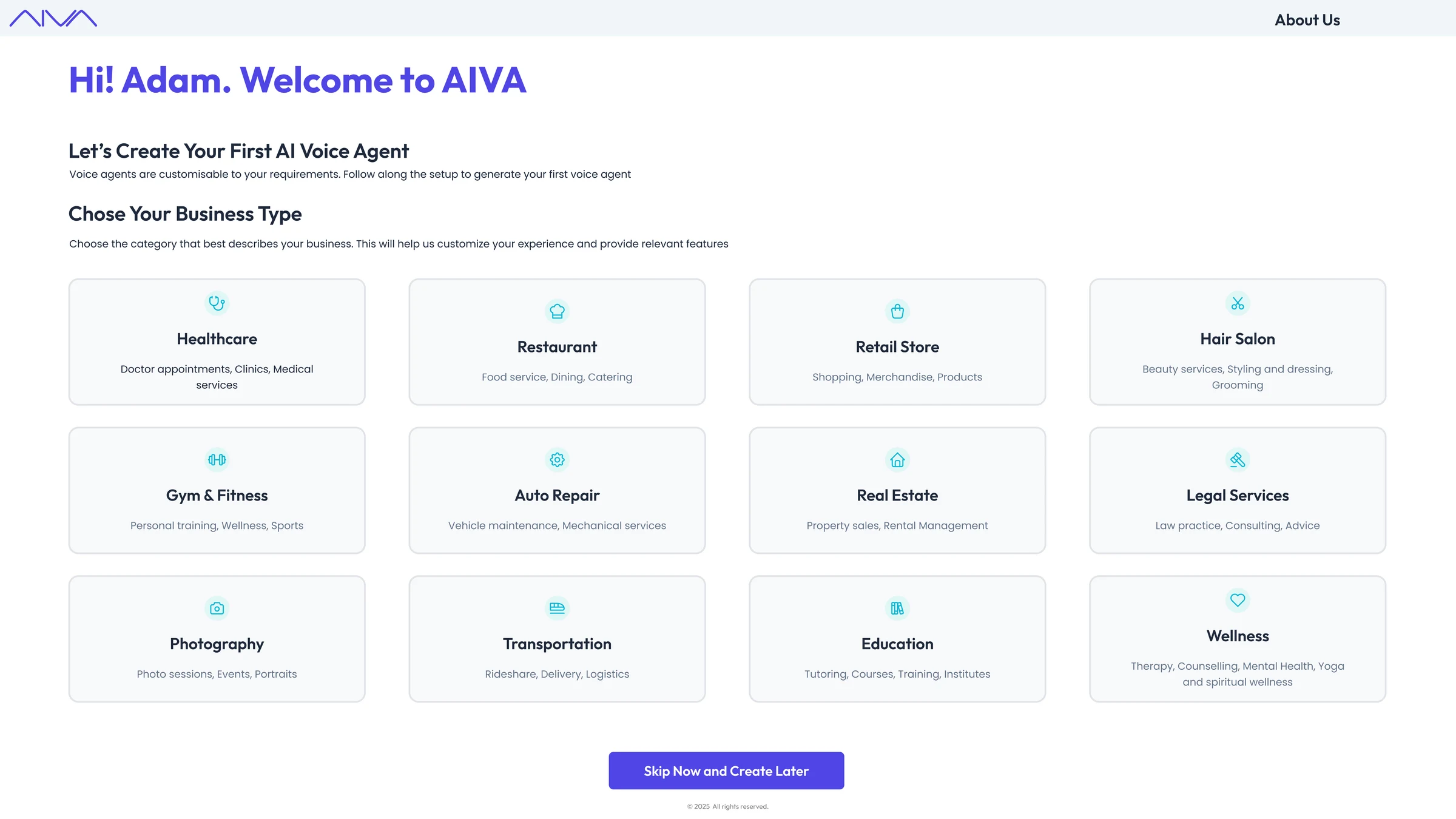 AI Voice Agent: Welcome: choose a business type
