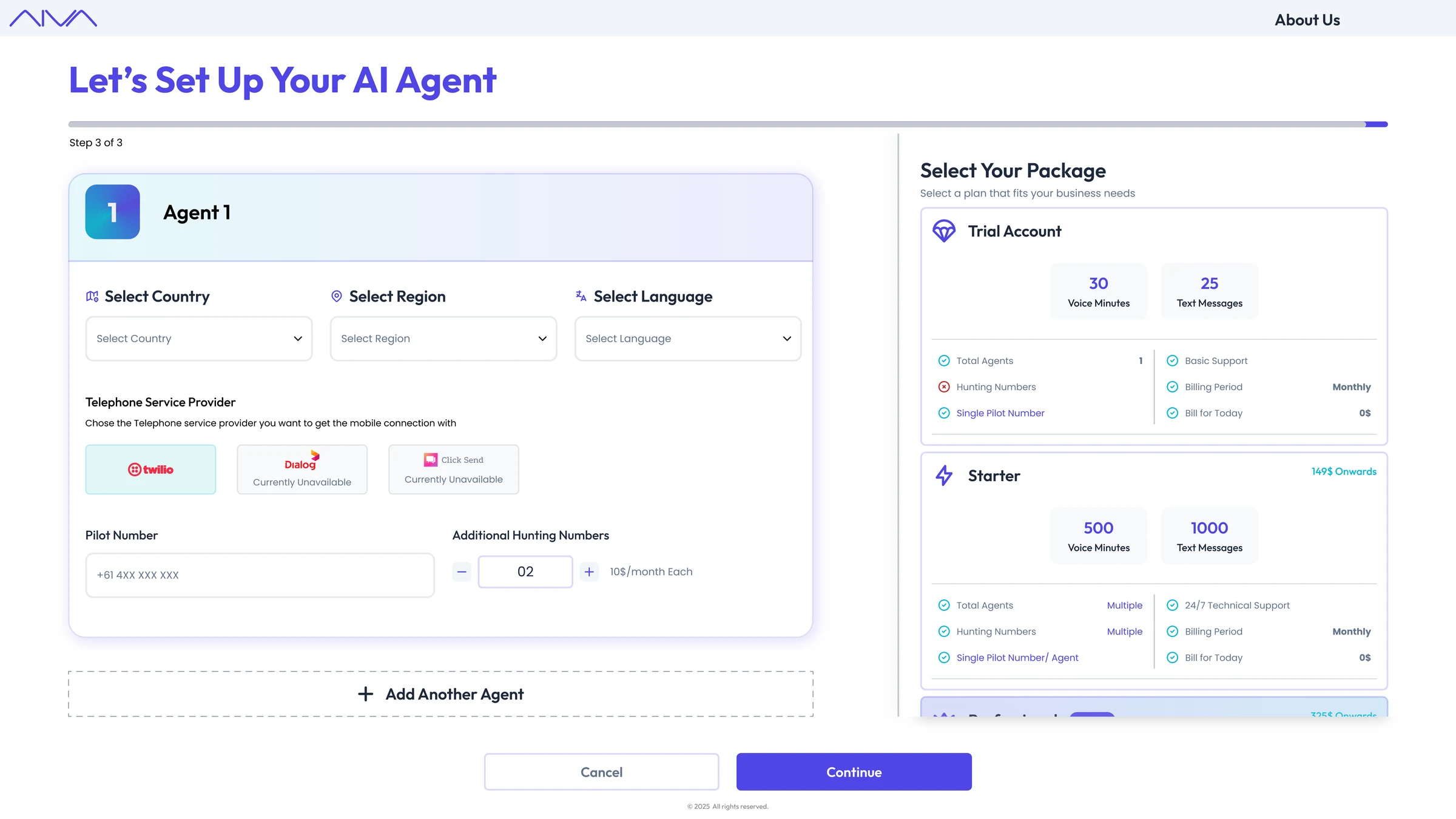 AI Voice Agent: Agent setup: number, language and package