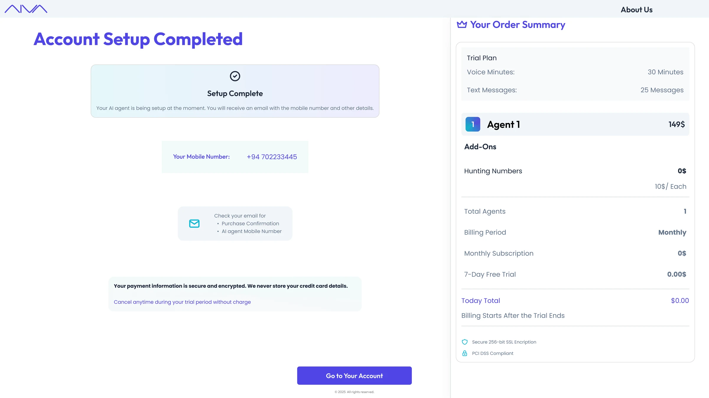 AI Voice Agent: Account setup completed