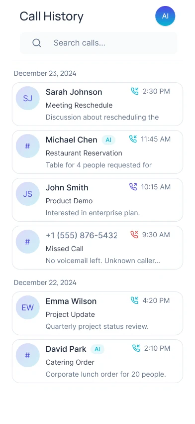 AI Voice Agent: Call history