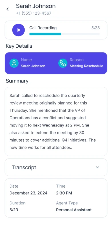 AI Voice Agent: Call details and summary