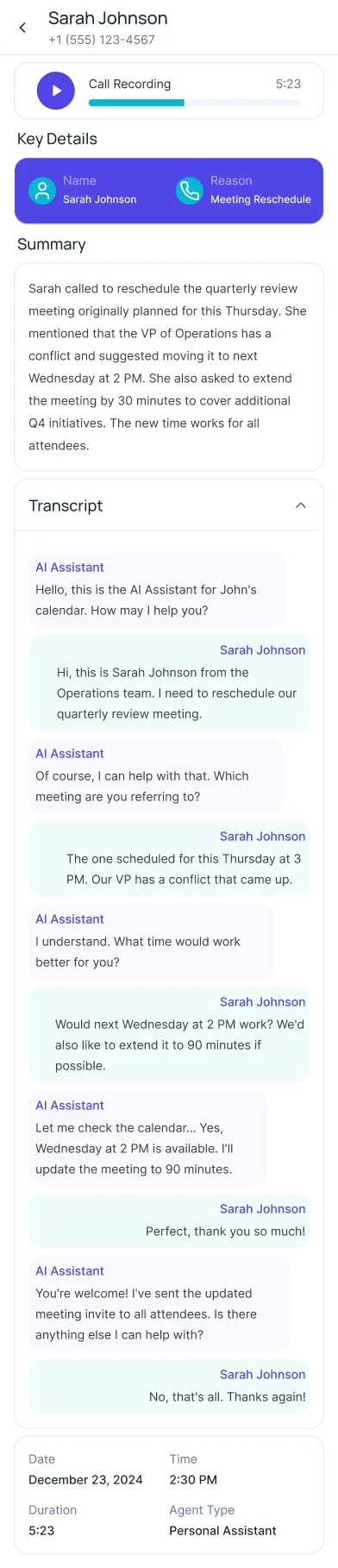 AI Voice Agent: Full call transcript