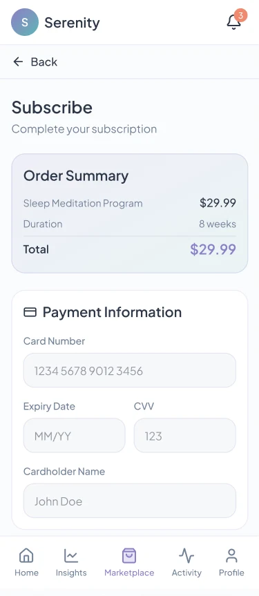 Mental Health App: Subscribe: payment details