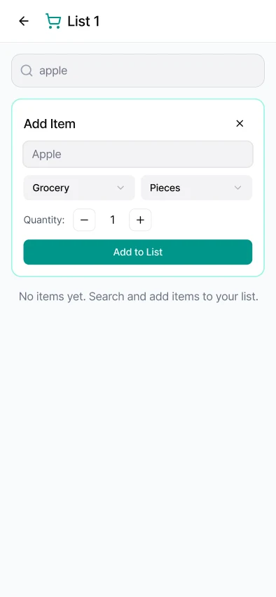SmartCart: New list empty screen · add item from the search