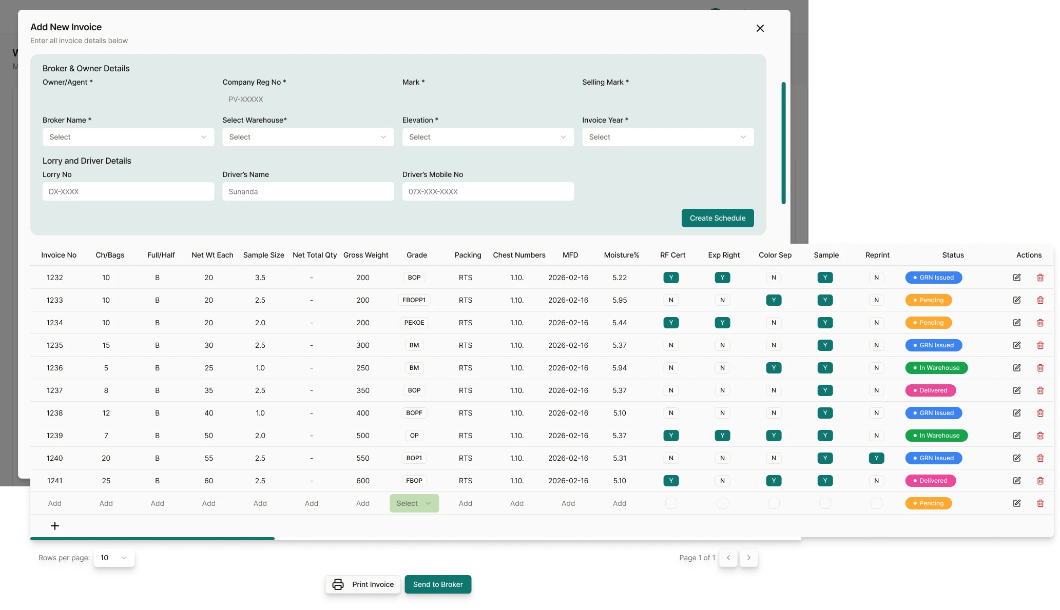 Tea Brokerage Management Platform: Seller · add new invoice
