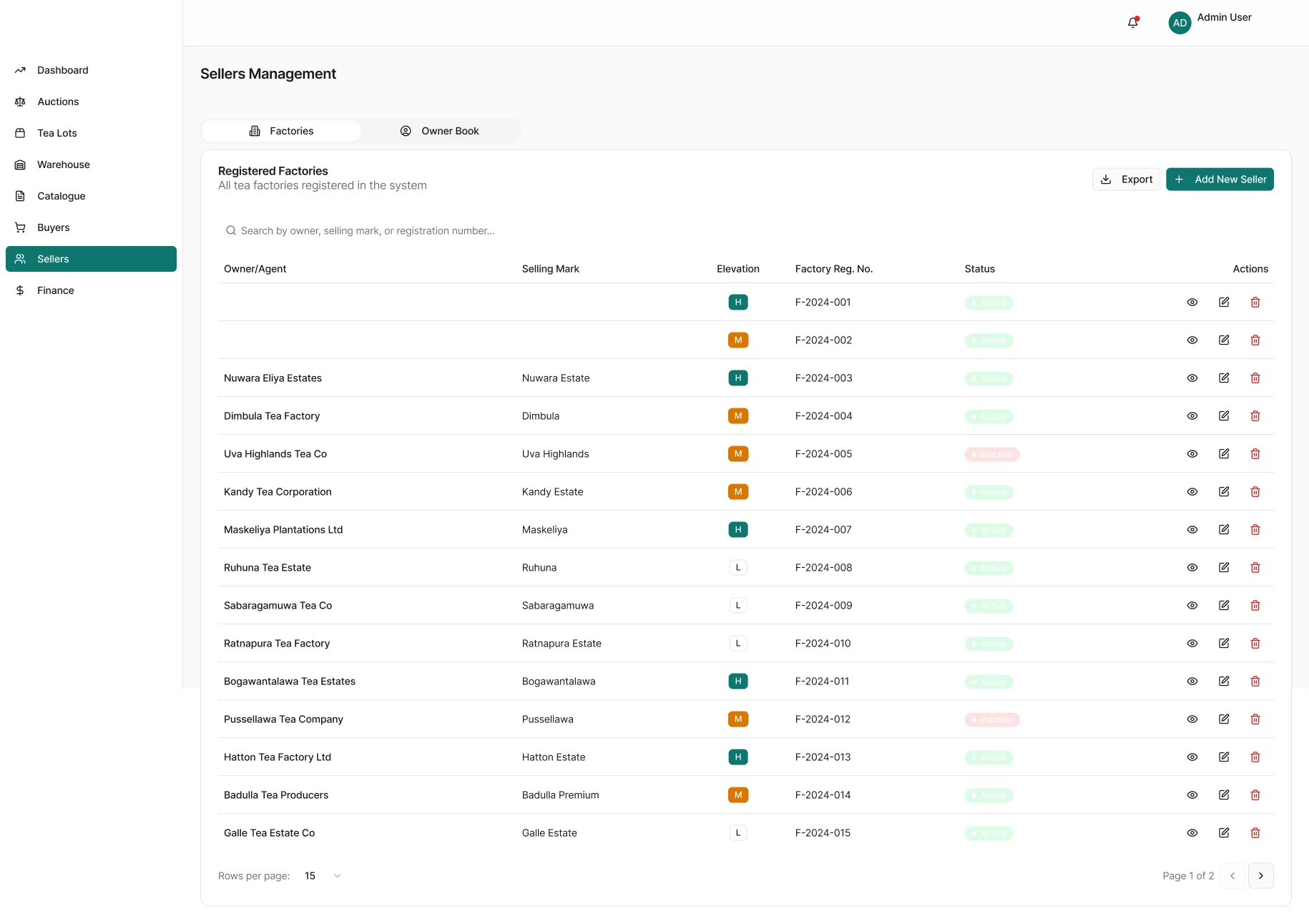 Tea Brokerage Management Platform: Sellers · factories
