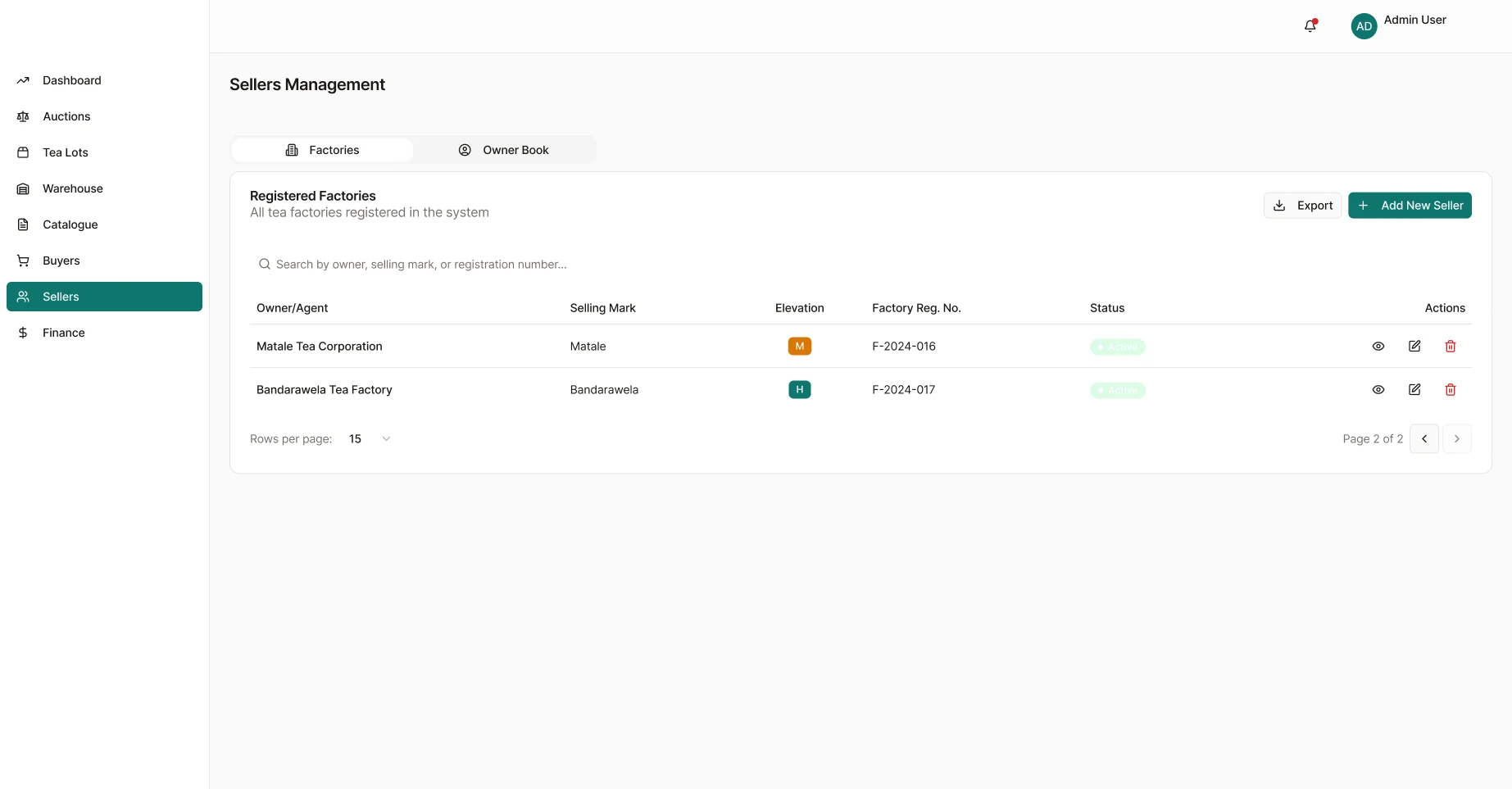 Tea Brokerage Management Platform: Sellers factories 2