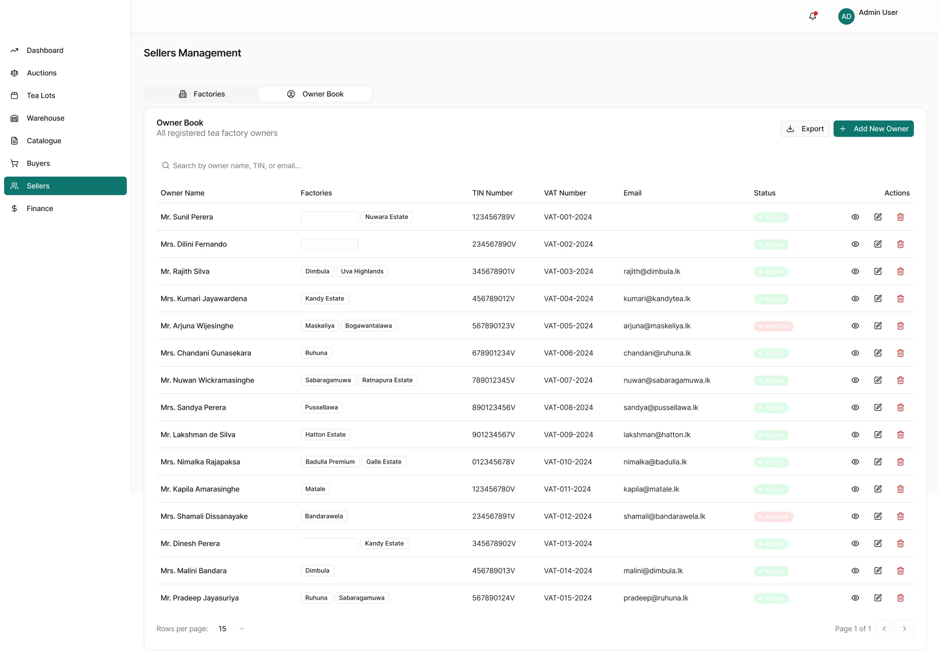 Tea Brokerage Management Platform: Sellers · OwnerBook