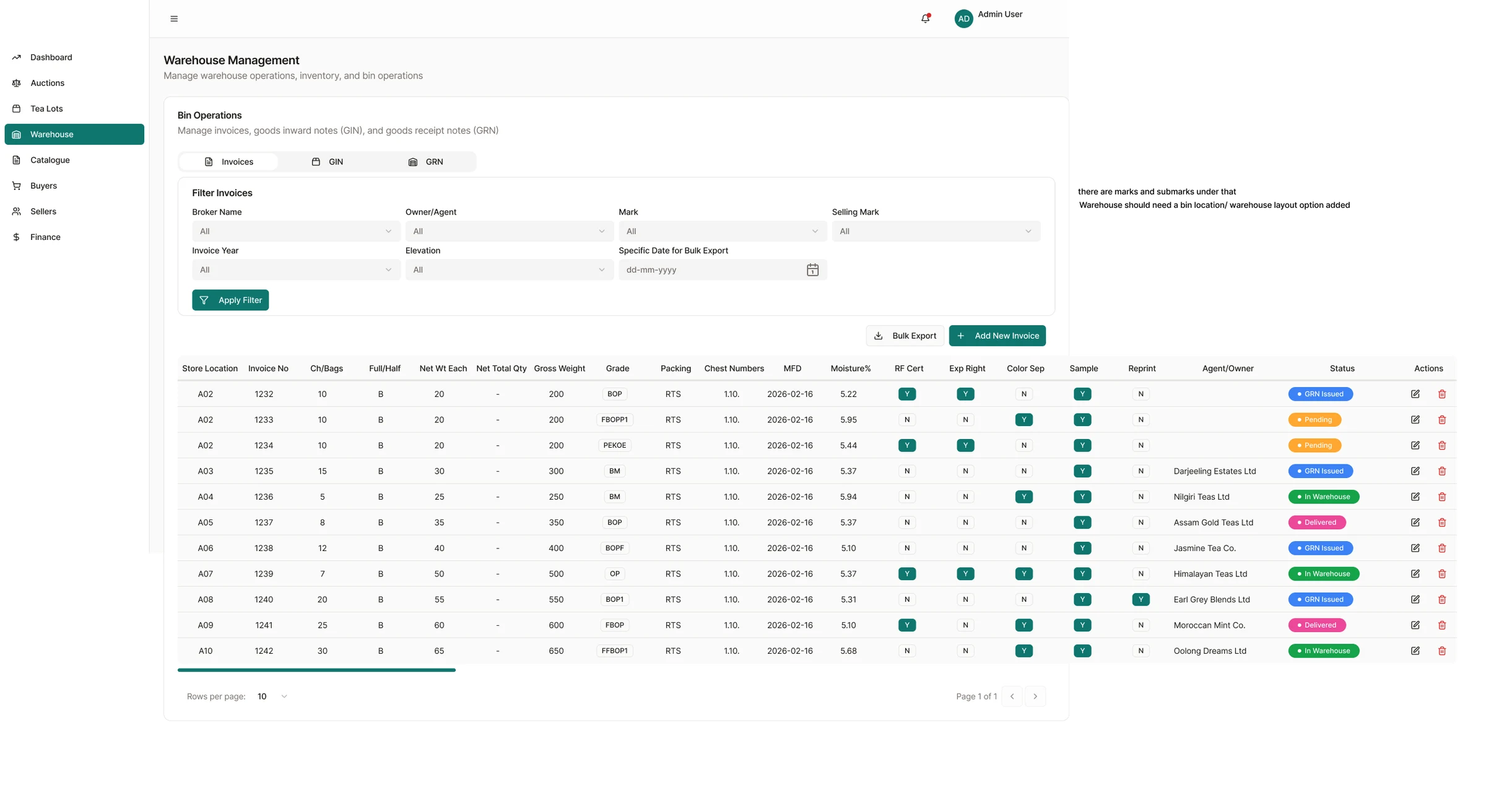 Tea Brokerage Management Platform: Warehouse · Bin operation · Invoices