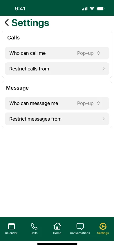 UniConnect: Settings · prof · preferences